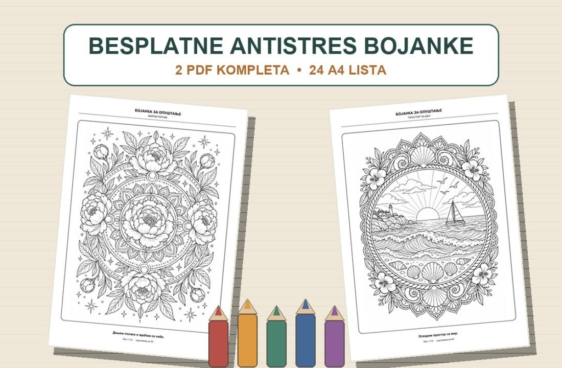 Dva PDF kompleta antistres bojanki za odrasle sa 24 A4 lista