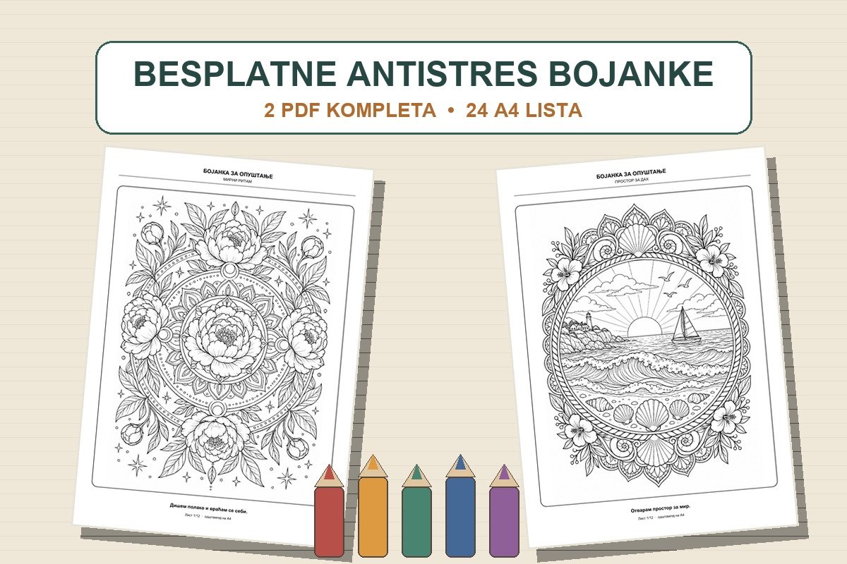 Dva PDF kompleta antistres bojanki za odrasle sa 24 A4 lista