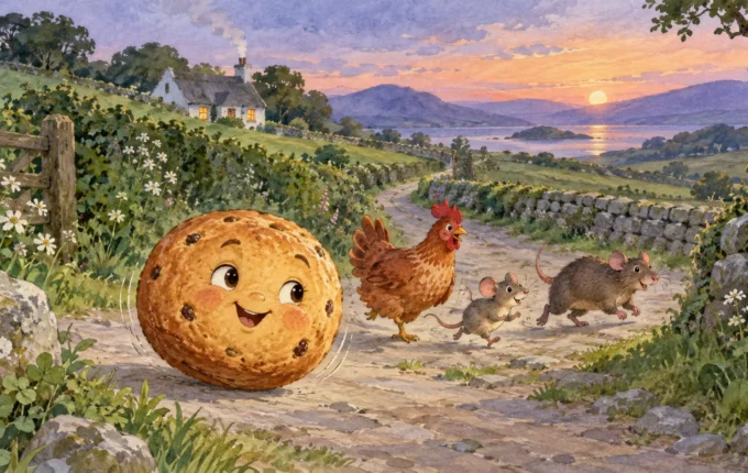 Okrugli kolač se kotrlja seoskim putem, a za njim trče koka, miš i pacov