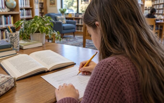 Učenica podvlači važne podatke u tekstu u biblioteci