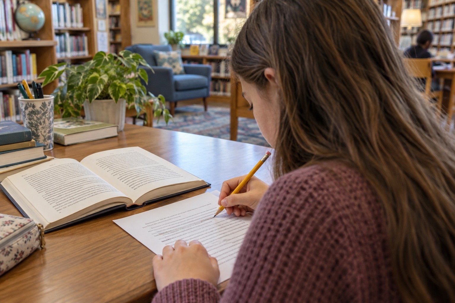 Učenica podvlači važne podatke u tekstu u biblioteci