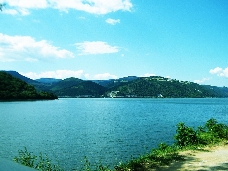 Dunav kod Đerdapa, rečna obala i brda u pozadini
