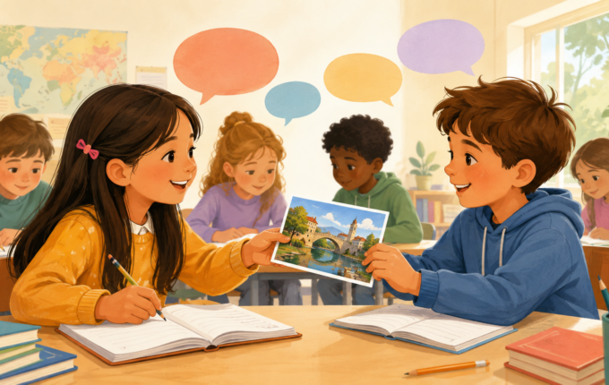 Ilustracija učenika koji pišu radove na stranom jeziku uz svesku i razglednicu
