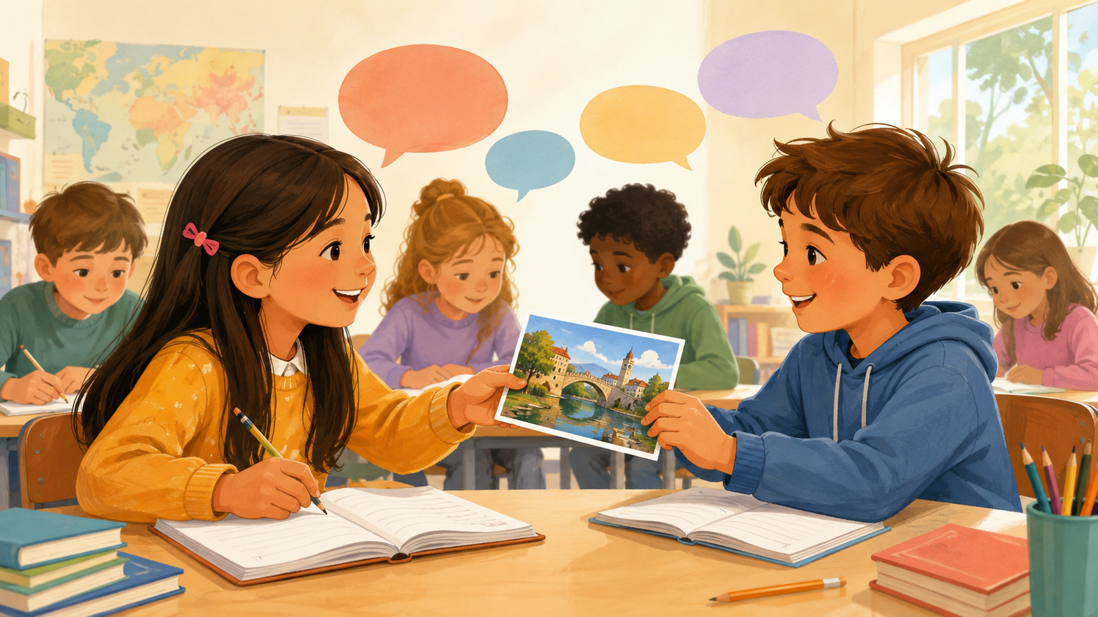 Ilustracija učenika koji pišu radove na stranom jeziku uz svesku i razglednicu