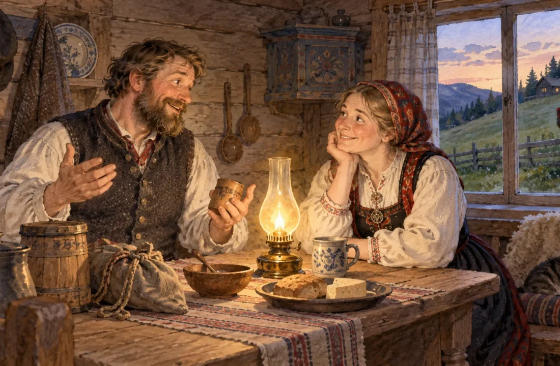 Gudbrand i njegova žena razgovaraju za stolom u toploj kući na norveškom brdu