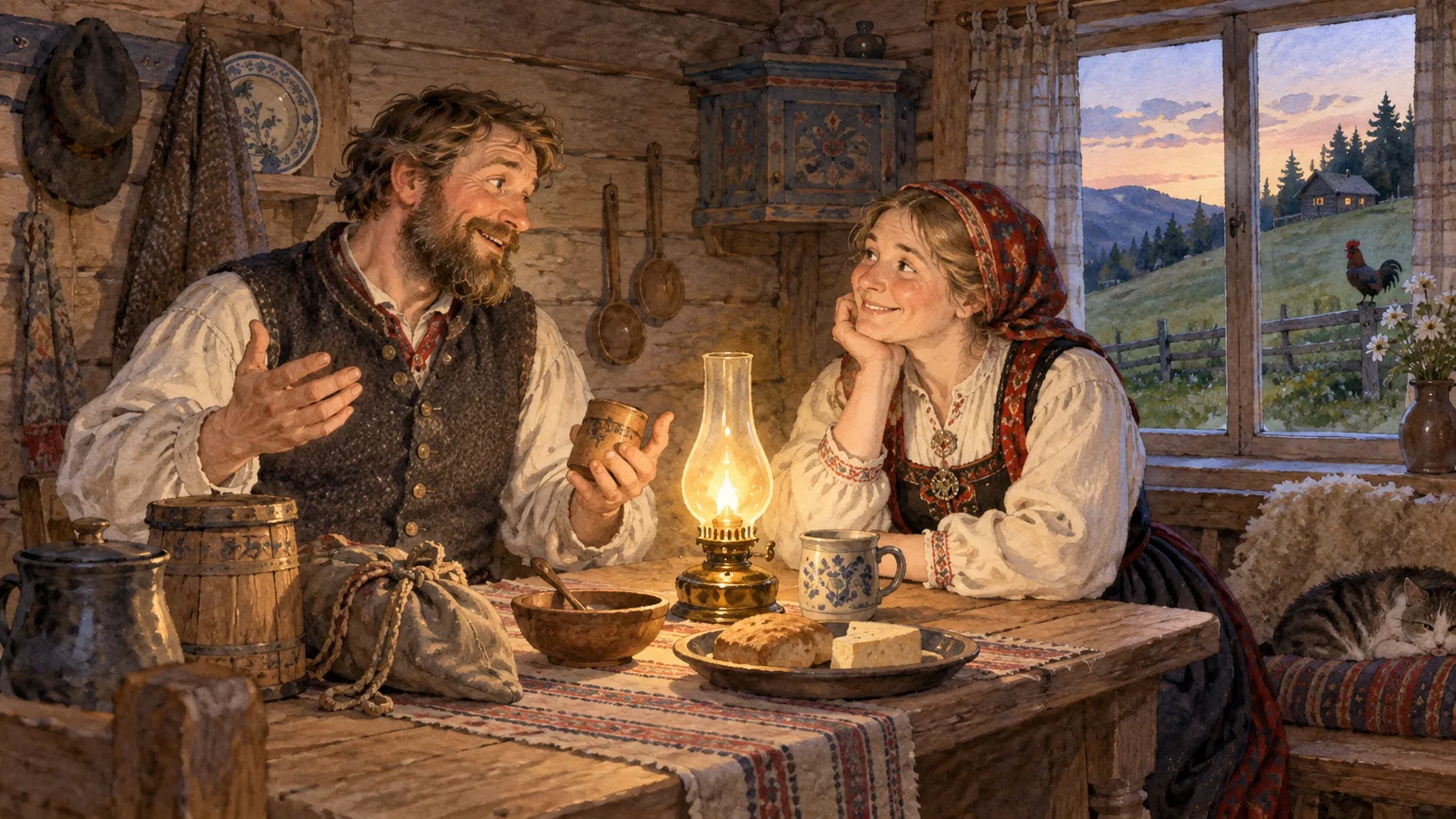 Gudbrand i njegova žena razgovaraju za stolom u toploj kući na norveškom brdu