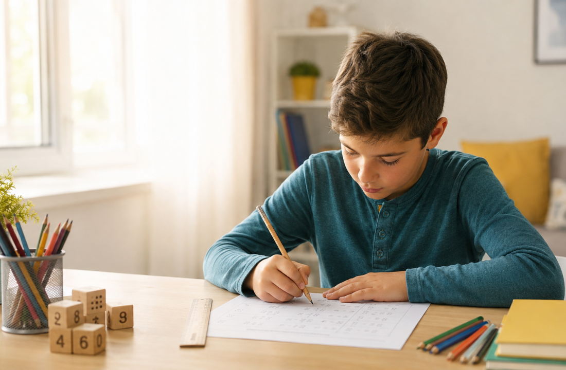 Dečak rešava zadatke iz matematike za četvrti razred za stolom.