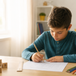 Dečak rešava zadatke iz matematike za četvrti razred za stolom.