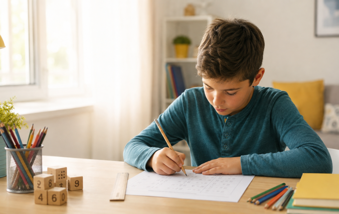 Dečak rešava zadatke iz matematike za četvrti razred za stolom.