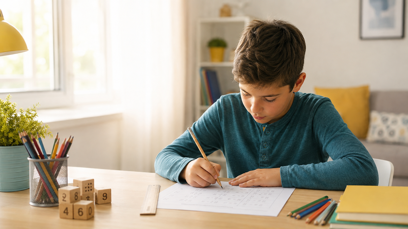 Dečak rešava zadatke iz matematike za četvrti razred za stolom.