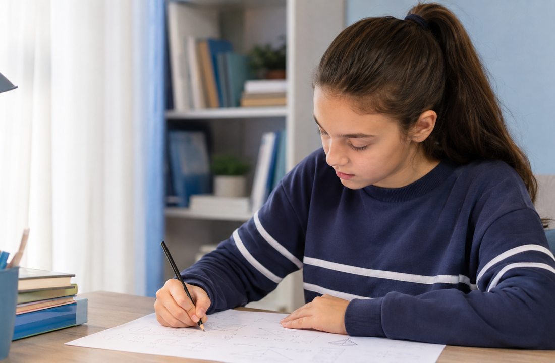 Učenica sedmog razreda rešava inicijalni test iz matematike