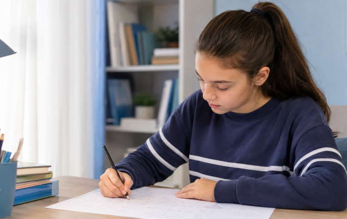 Učenica sedmog razreda rešava inicijalni test iz matematike