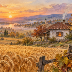 Jesenje polje sa klasjem i grožđem, magla i topla svetlost seoskog doma