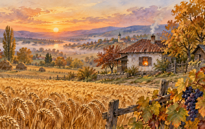 Jesenje polje sa klasjem i grožđem, magla i topla svetlost seoskog doma