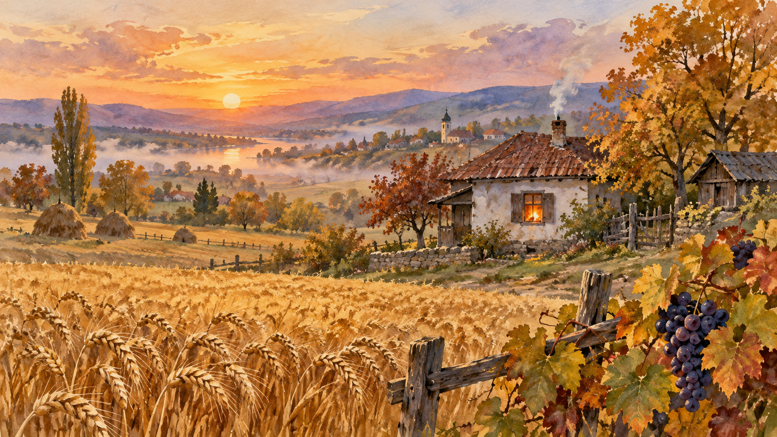 Jesenje polje sa klasjem i grožđem, magla i topla svetlost seoskog doma