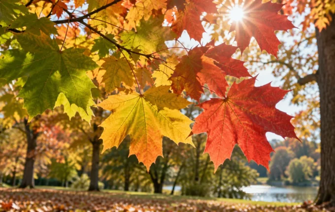 Zeleni, žuti i crveni jesenji listovi obasjani suncem