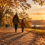 Nisko jesenje sunce baca duge senke na stazu u parku