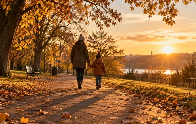 Nisko jesenje sunce baca duge senke na stazu u parku