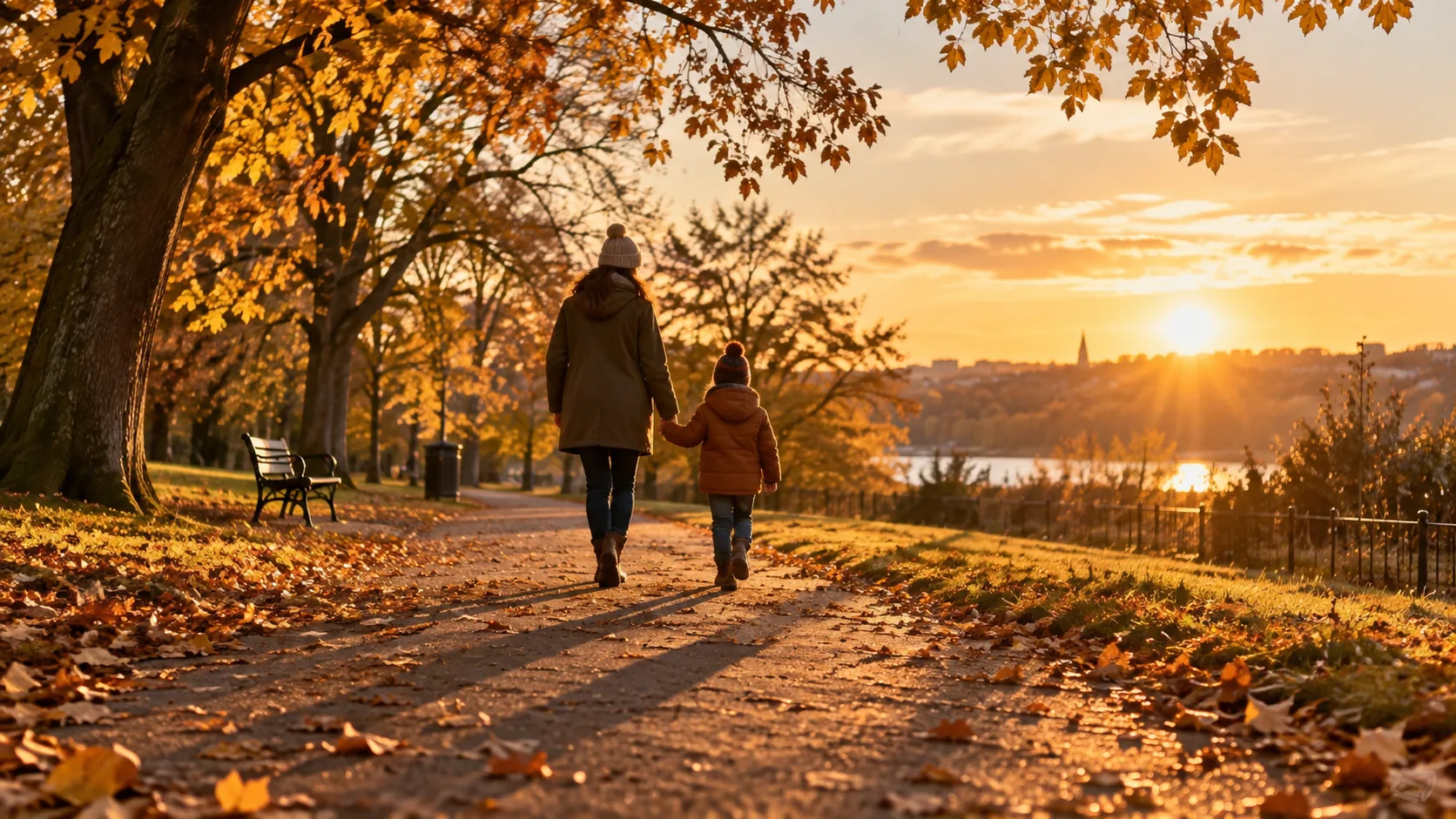 Nisko jesenje sunce baca duge senke na stazu u parku