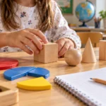 Učenik četvrtog razreda vežba matematiku uz geometrijska tela i svesku