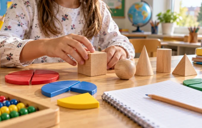 Učenik četvrtog razreda vežba matematiku uz geometrijska tela i svesku
