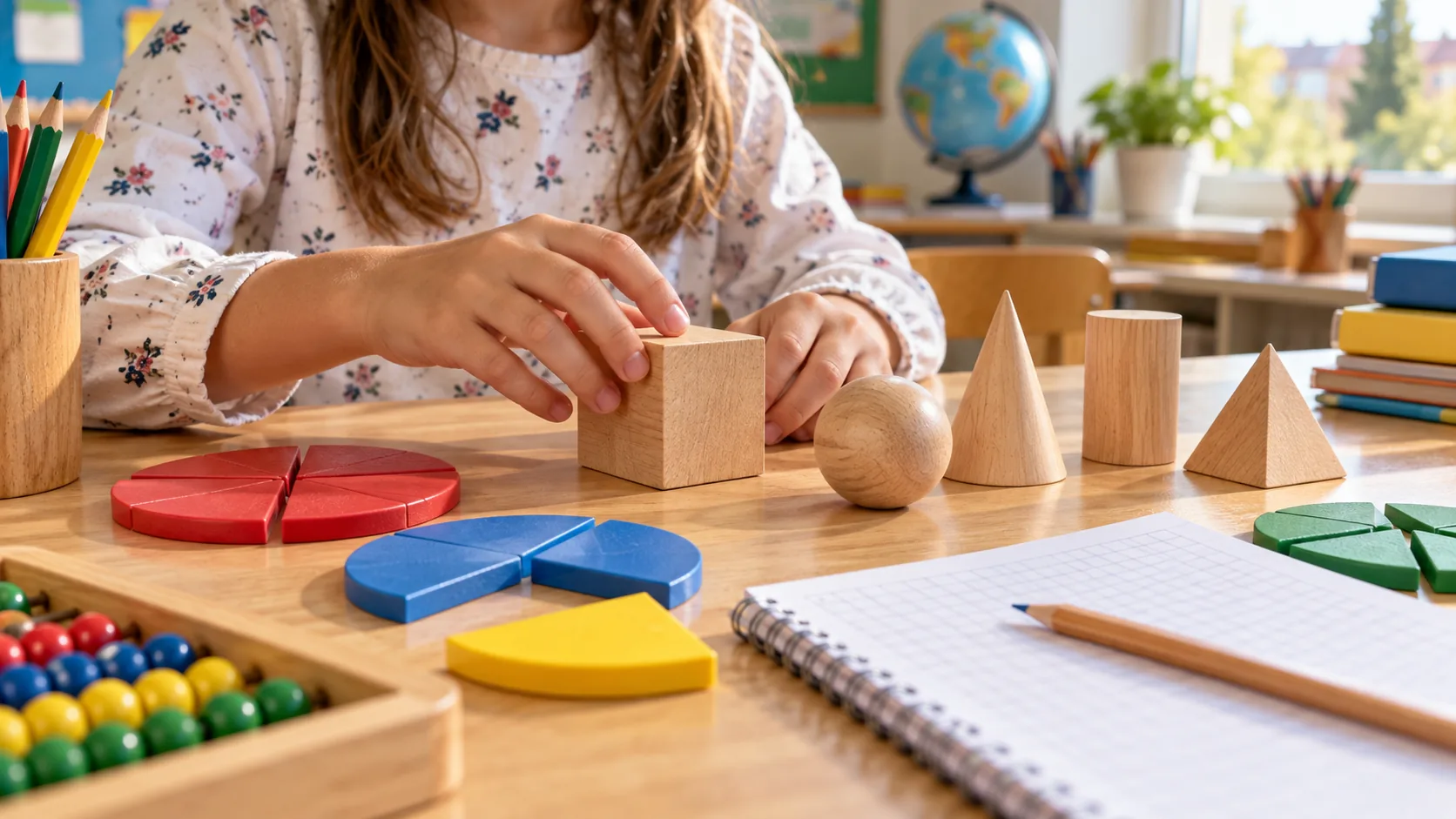 Učenik četvrtog razreda vežba matematiku uz geometrijska tela i svesku