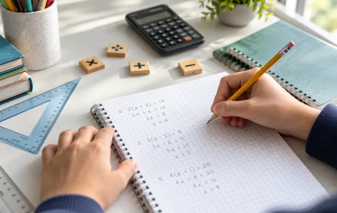 Učenik sedmog razreda rešava matematičke zadatke u svesci