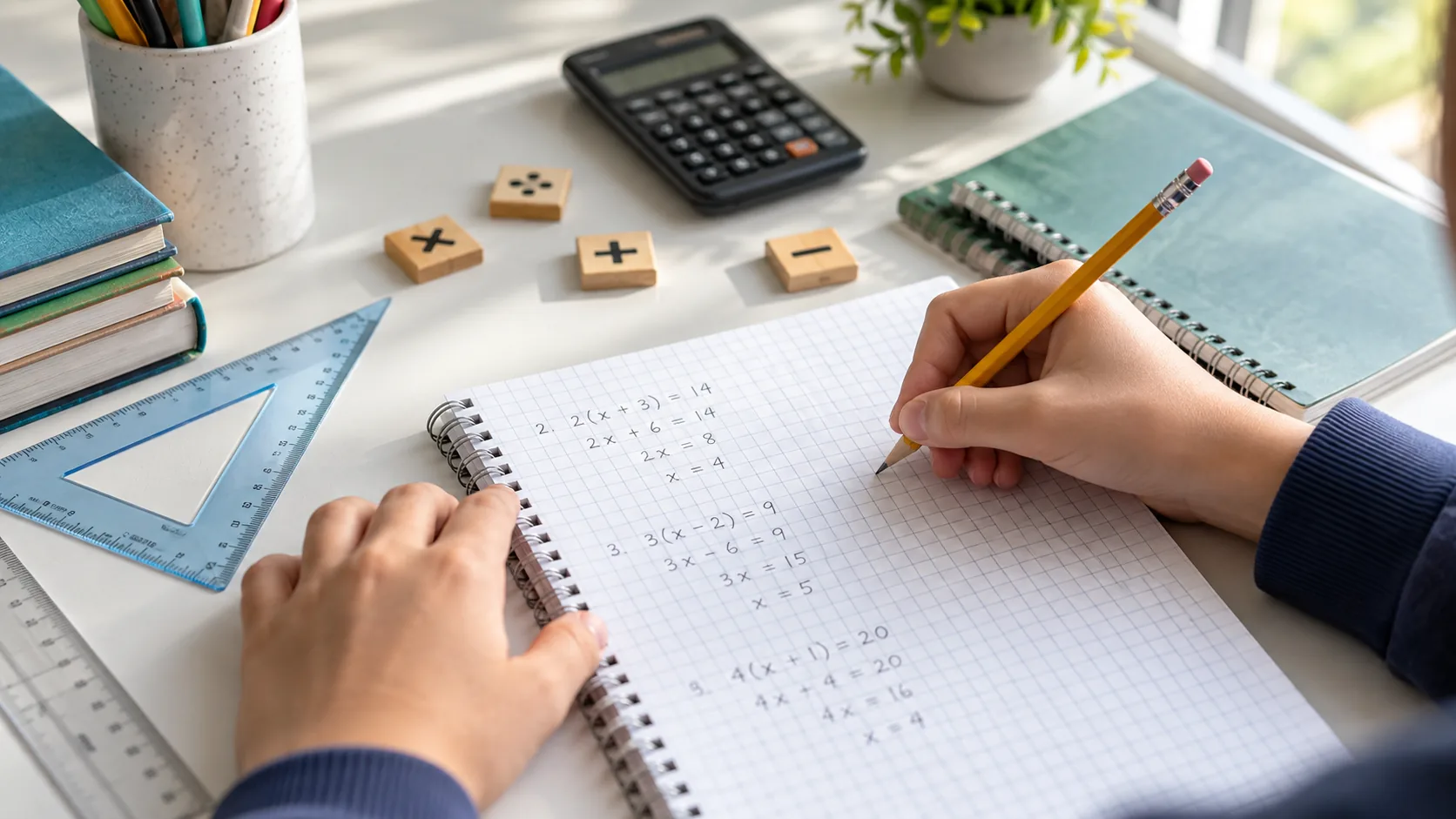 Učenik sedmog razreda rešava matematičke zadatke u svesci