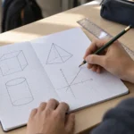 Učenik osmog razreda crta geometrijska tela i grafik u svesci