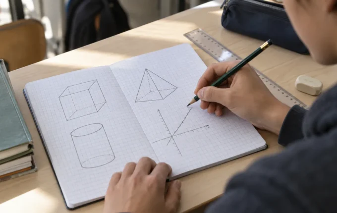 Učenik osmog razreda crta geometrijska tela i grafik u svesci