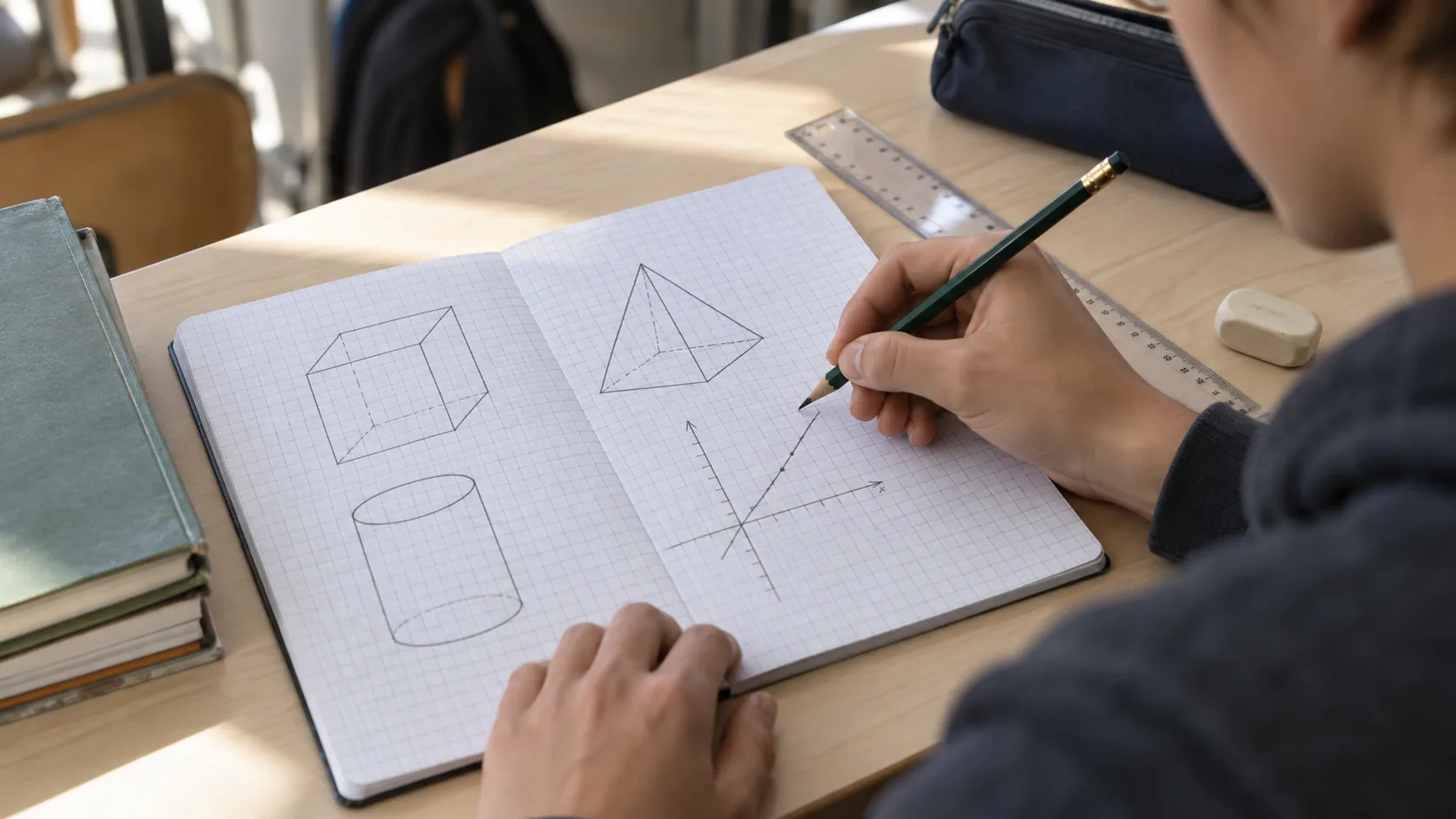 Učenik osmog razreda crta geometrijska tela i grafik u svesci
