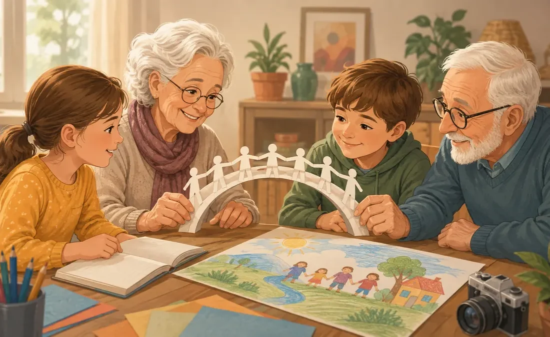 Ilustracija učenika i starijih osoba koji zajedno stvaraju radove o međugeneracijskoj solidarnosti
