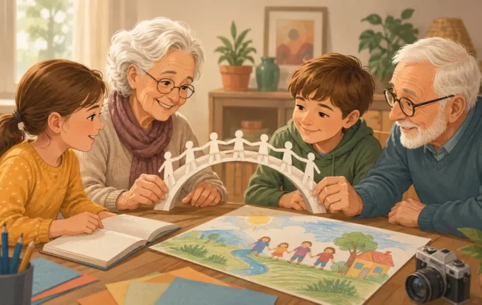 Ilustracija učenika i starijih osoba koji zajedno stvaraju radove o međugeneracijskoj solidarnosti
