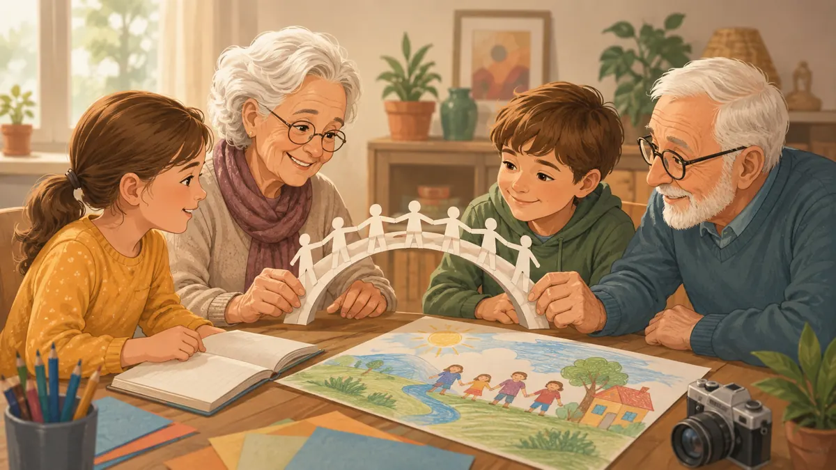 Ilustracija učenika i starijih osoba koji zajedno stvaraju radove o međugeneracijskoj solidarnosti
