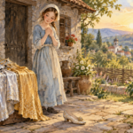 Mara pored sanduka s haljinama i dva bela goluba, ilustracija narodne bajke Pepeljuga