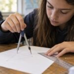 Učenica konstruiše trougao lenjirom i šestarom