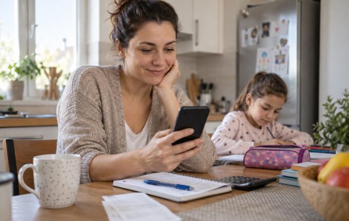 Majka proverava uplatu na telefonu dok dete radi školske zadatke