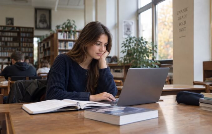 Studentkinja proverava informacije na laptopu u univerzitetskoj biblioteci.