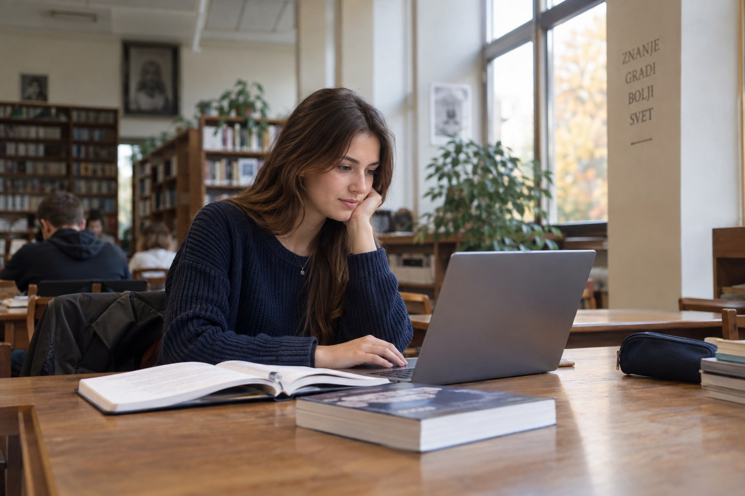 Studentkinja proverava informacije na laptopu u univerzitetskoj biblioteci.