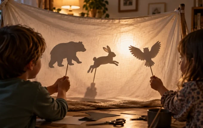 Deca prave pozorište senki od papirnih figura i lampe