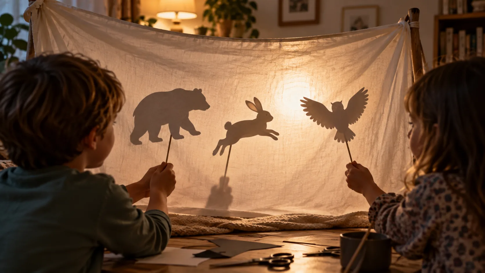 Deca prave pozorište senki od papirnih figura i lampe