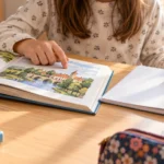 Učenik četvrtog razreda čita knjigu i piše u svesci