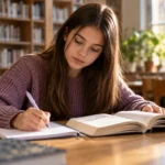 Učenik sedmog razreda čita i piše beleške u školskoj biblioteci
