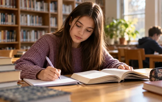 Učenik sedmog razreda čita i piše beleške u školskoj biblioteci