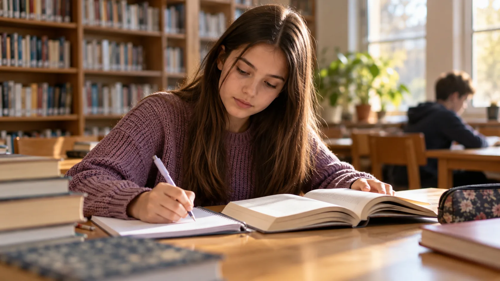 Učenik sedmog razreda čita i piše beleške u školskoj biblioteci
