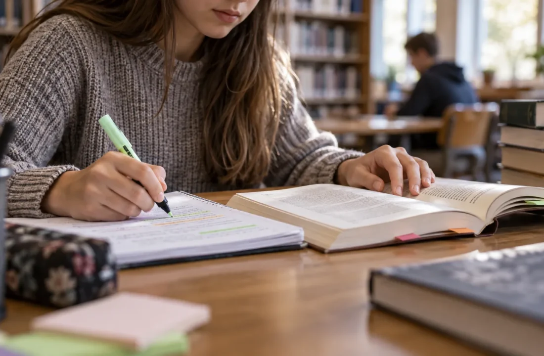 Učenik osmog razreda čita knjigu i beleži zapažanja u biblioteci