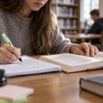 Učenik osmog razreda čita knjigu i beleži zapažanja u biblioteci
