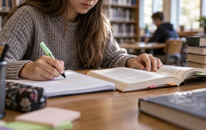 Učenik osmog razreda čita knjigu i beleži zapažanja u biblioteci