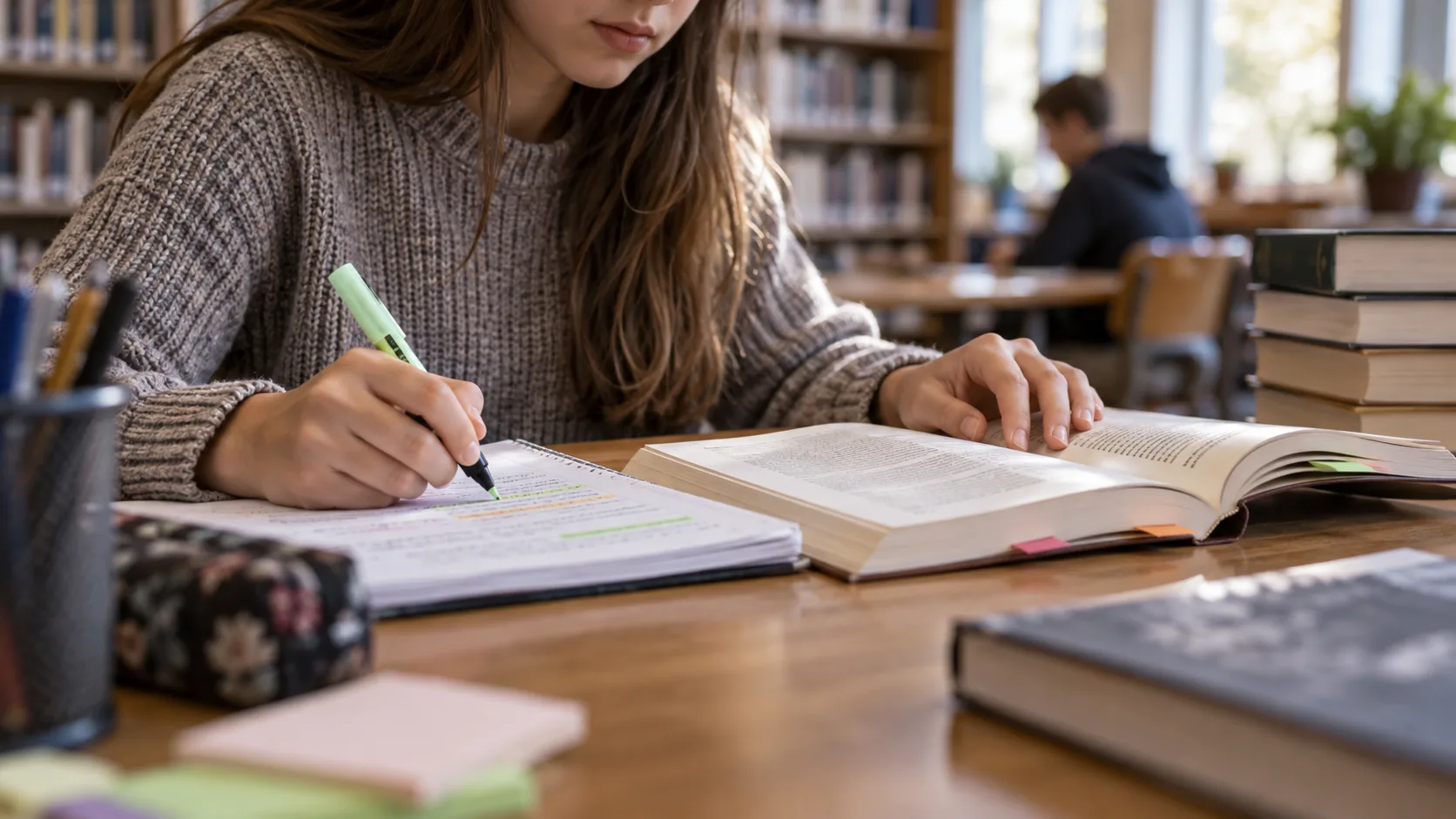 Učenik osmog razreda čita knjigu i beleži zapažanja u biblioteci