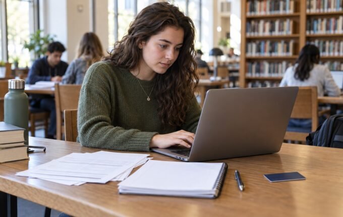 Studentkinja u biblioteci priprema prijavu za stipendiju na laptopu